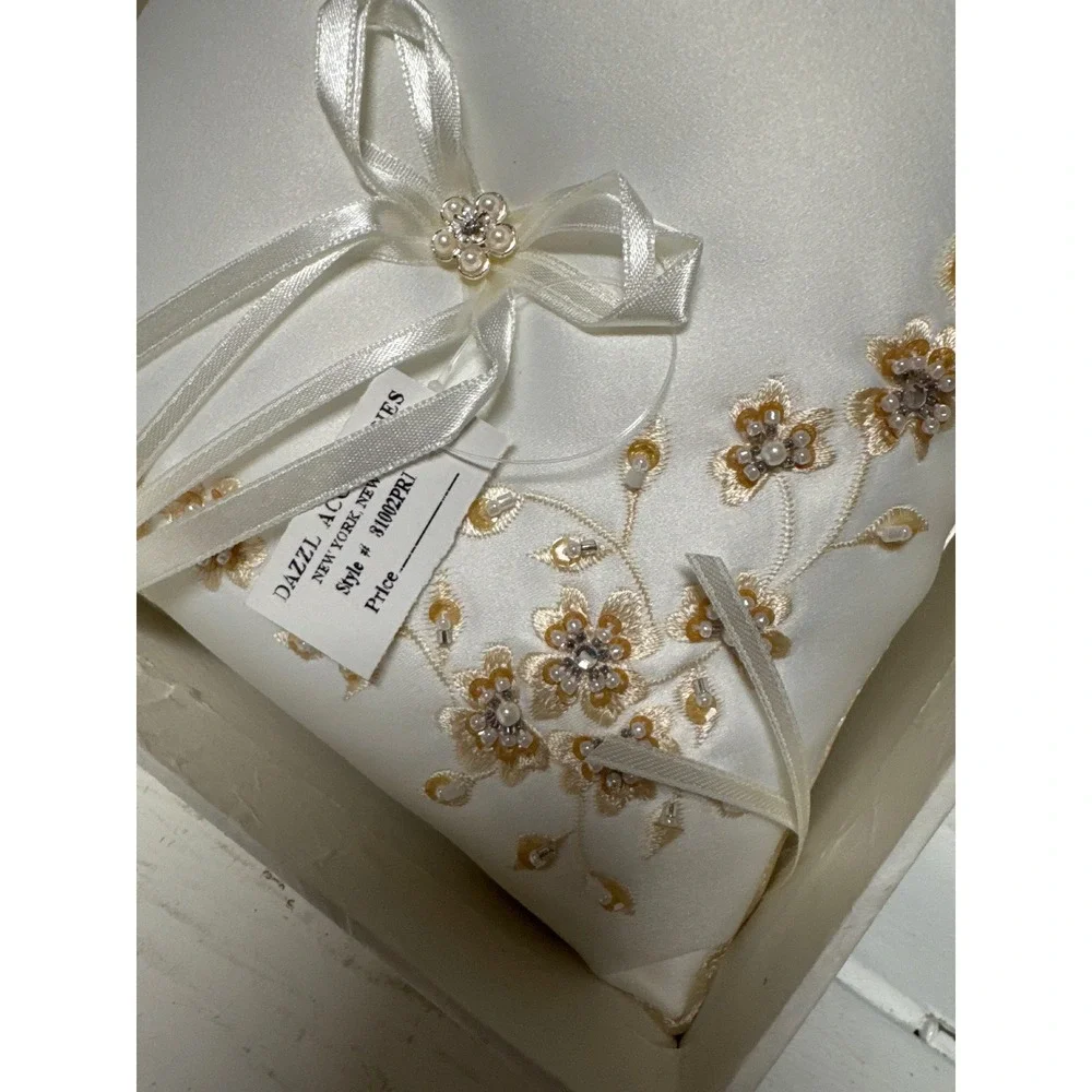ivory Satin Ring Bearer Pillow taupe‎ embroidered Floral Rhinestone Bow Wedding